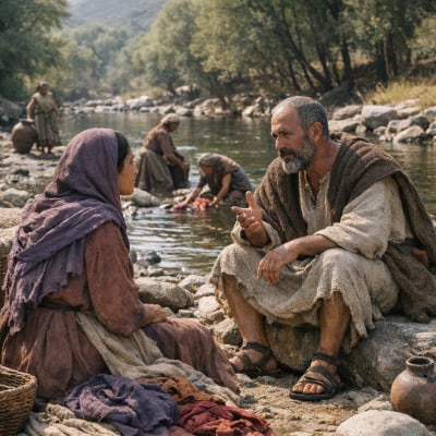 Paul preaching to Lydia and women by the river, Lydia listening intently.