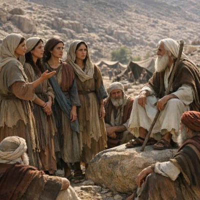 Five women standing before Moses, presenting their plea for inheritance rights.