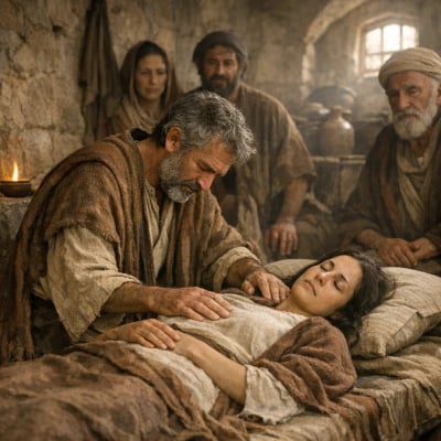 Peter kneeling in prayer beside Tabitha's bed, surrounded by the community, as she opens her eyes.