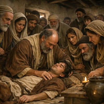 Paul embracing Eutychus on the floor, with concerned onlookers.
