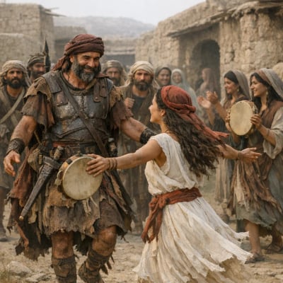 Jephthah returns home, greeted by his daughter with a joyful dance.