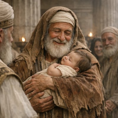 Simeon, an elderly man, holds the infant Jesus in the temple, expressing gratitude and fulfillment.