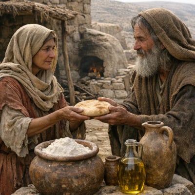 The widow of Zarephath giving bread to Elijah with full jars of flour and oil.