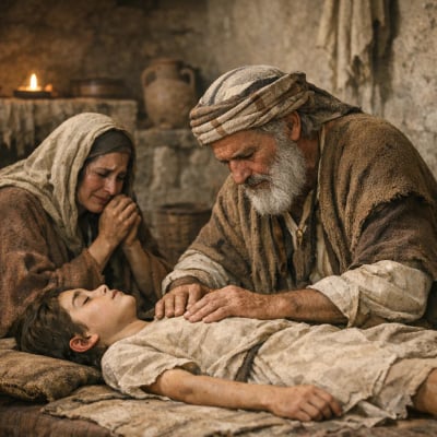 Elisha praying over the widow's son, bringing him back to life.
