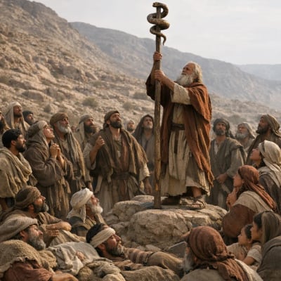 Moses lifting the bronze serpent on a pole, with Israelites looking at it for healing.