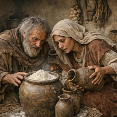 Elijah, widow, and her son with full jars of flour and oil.