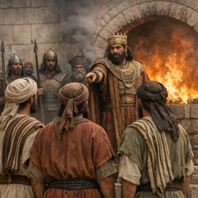 Shadrach, Meshach, and Abednego refusing to bow to Nebuchadnezzar's idol, standing firm in their faith.