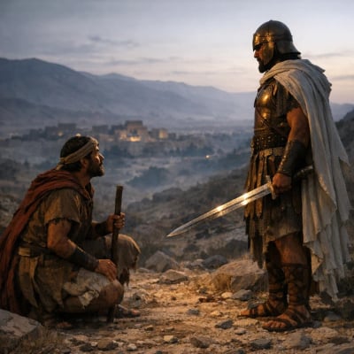 Joshua kneels before a figure with a drawn sword, symbolizing humility and reverence.