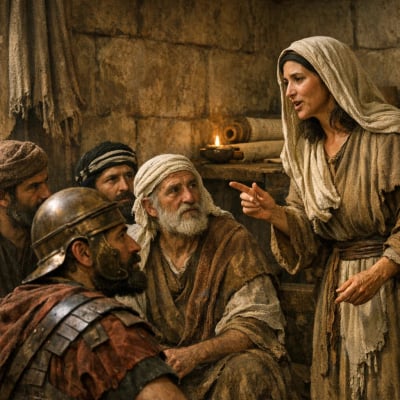 Huldah the prophetess delivering God's message to King Josiah's envoys.