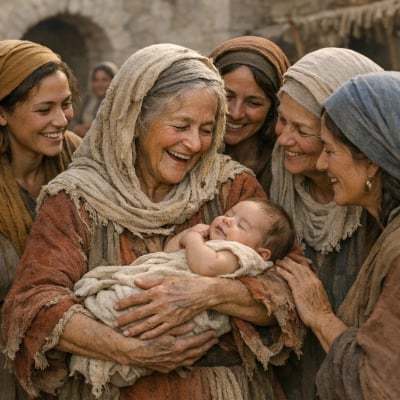 Naomi holding baby Obed, with women celebrating around her.