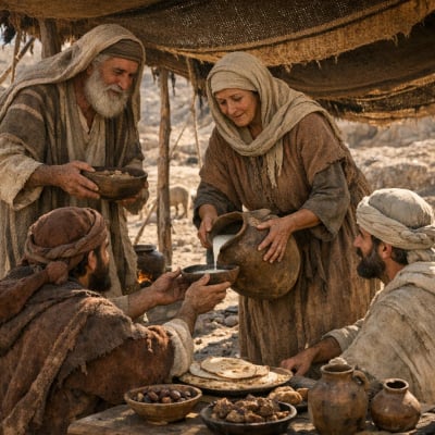 Abraham and Sarah welcoming three visitors under the oak of Mamre.