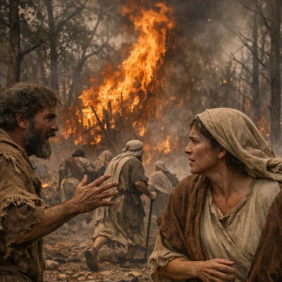 An image showing a small spark igniting a large forest fire, symbolizing the power of the tongue.