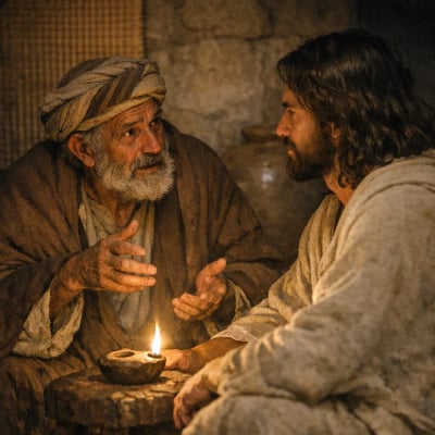 Nicodemus speaks to Jesus at night about spiritual rebirth.