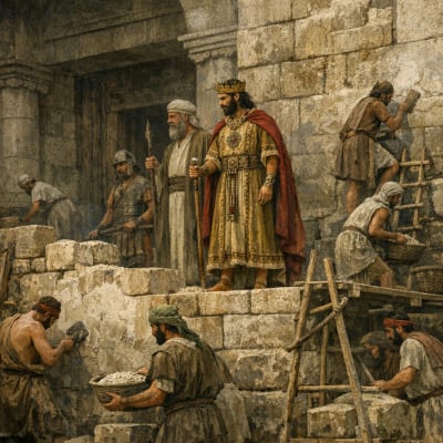 King Joash directs temple repairs, surrounded by builders and priests.