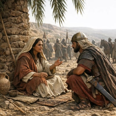 Deborah under the palm tree, speaking with Barak, planning Israel's battle.