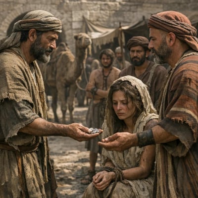 Hosea buying Gomer back, symbolizing redemption and love.