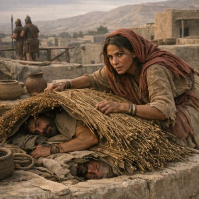 Rahab concealing the Israelite spies on her rooftop in Jericho.