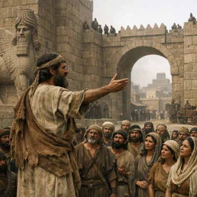 Jonah preaching to the people of Nineveh, urging repentance.