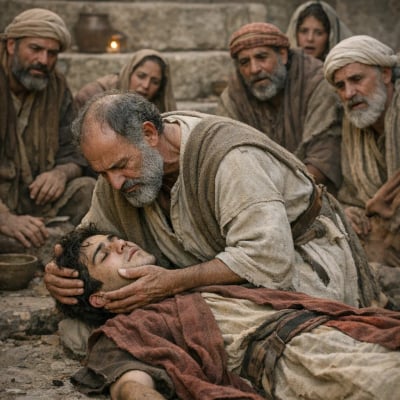 Paul embracing Eutychus after he falls from a window, surrounded by onlookers.