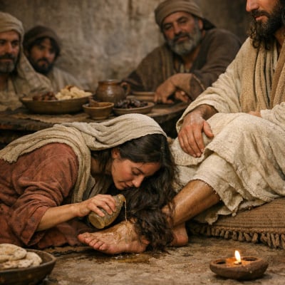 Mary anointing Jesus' feet with spikenard, filling the room with fragrance.