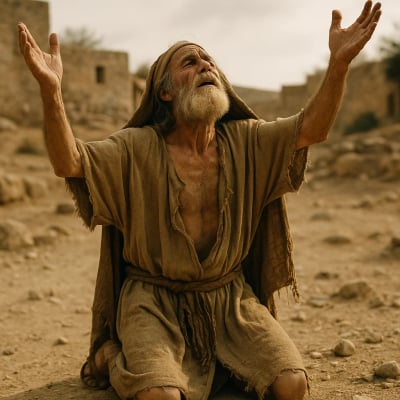 Job, having rent his mantle, kneels in worship, an image of resilience.