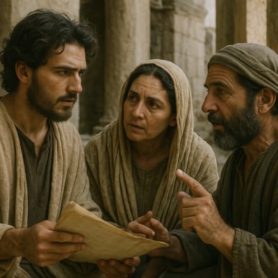 Aquila and Priscilla speaking with Apollos in the synagogue, teaching him.