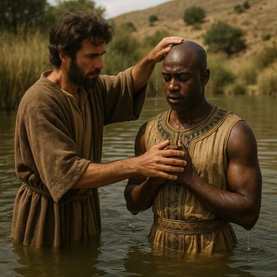 Philip stands with the Ethiopian eunuch by a river, preparing to baptize him.