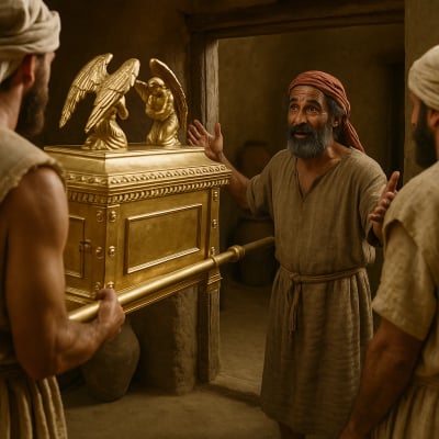 Obed-Edom stands by as the Ark of the Covenant is brought into his house by King David's men.