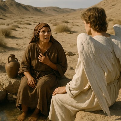 Hagar by a spring in the desert, with an angel speaking to her.