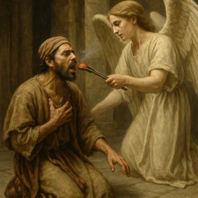 Isaiah kneeling, a seraphim with a coal touches his lips.