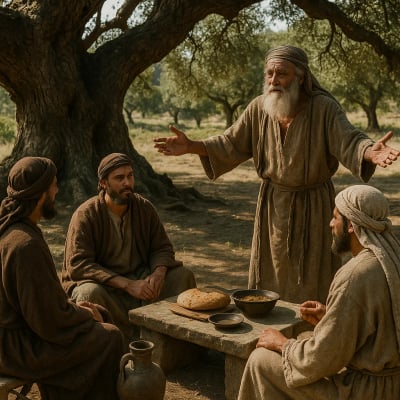 Abraham greeting three travelers, offering water and food under a tree.