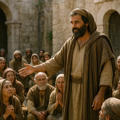 Barnabas standing among the believers in Antioch, expressing joy and encouragement.
