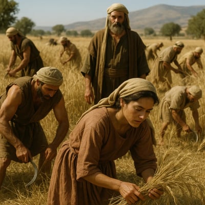 Ruth gleaning in the fields with reapers, showing diligence.