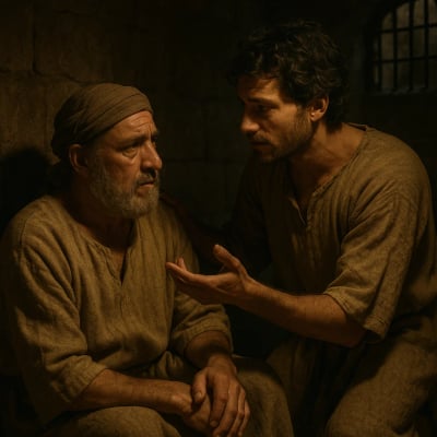 Joseph listening to the butler's dream in prison, interpreting with faith.