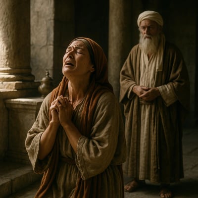 Hannah praying silently in the temple, Eli watching nearby.