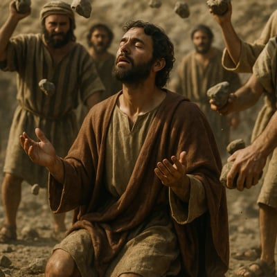 Stephen prays and forgives his persecutors as he is stoned.