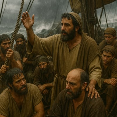 Paul stands on a ship amidst a storm, speaking to the crew with assurance.
