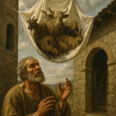 Peter on a rooftop, witnessing a sheet with diverse animals descending from the sky.