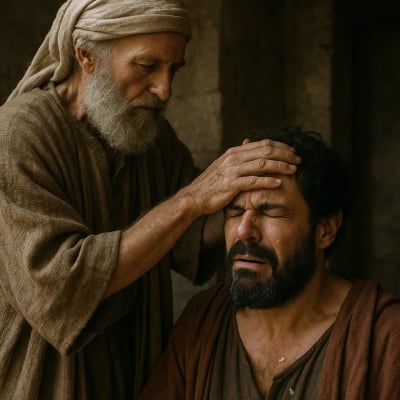 Ananias placing hands on Saul, scales falling from Saul's eyes, Acts 9:10-19 scene