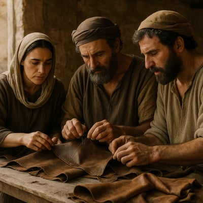 Paul, Aquila, and Priscilla working together as tentmakers in Corinth.