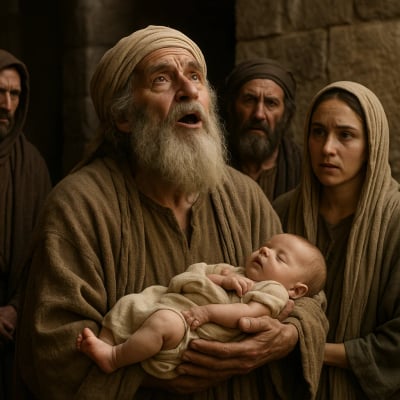 Simeon holding baby Jesus in the temple, proclaiming the Messiah.