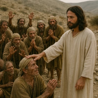 Jesus speaking to a healed leper who is kneeling in gratitude.