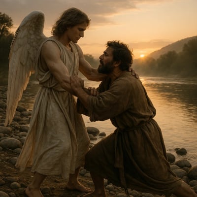 Jacob wrestling with an angel in the early morning light.