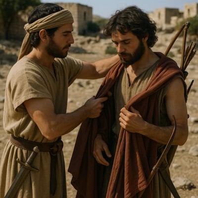 Jonathan giving his robe and weapons to David as a sign of friendship.