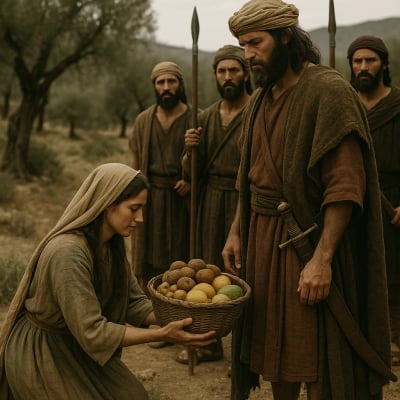 Abigail kneeling before David, offering gifts, in a biblical scene.