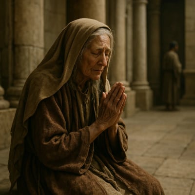 Anna, an elderly woman, prays in the temple with hands lifted.