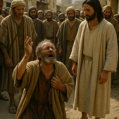 Bartimaeus, a blind man, calling out to Jesus as He passes by.