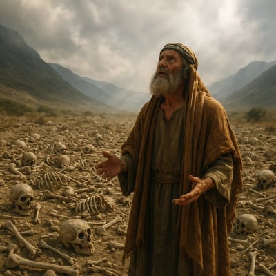 Ezekiel in a valley of dry bones, with God's Spirit ready to bring life.