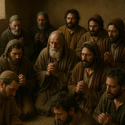 A group of apostles praying and casting lots to choose Matthias.