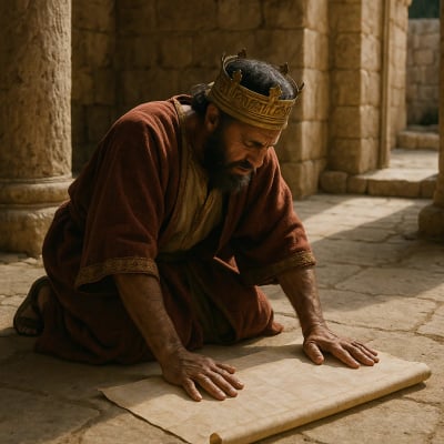 Hezekiah in the temple, unrolling a scroll before God in prayer.